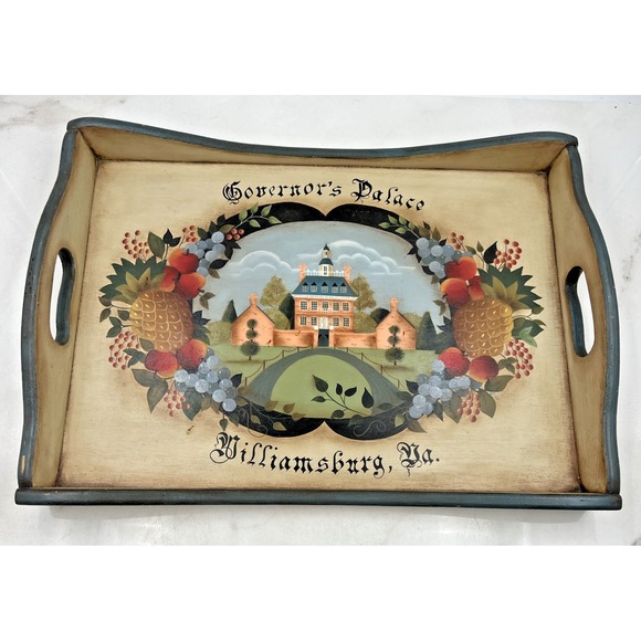 Vtg Handpainted Tray Williamsburg PA Governors Palace Floral Wood - Picture 1 of 13